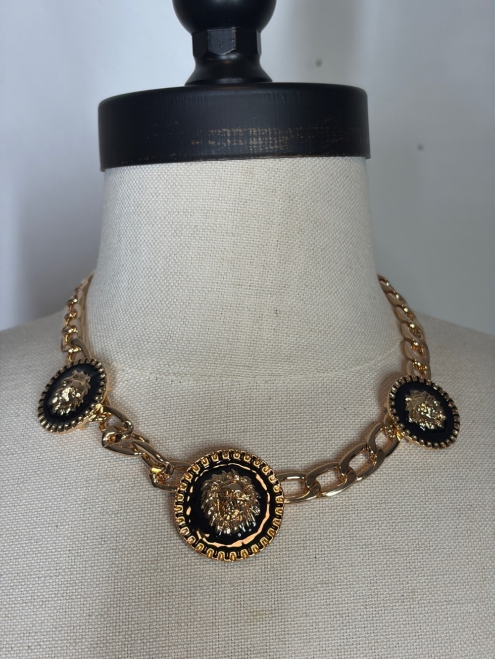 Gold and Black Lion Medallion Chain Necklace - Women Jewelry
